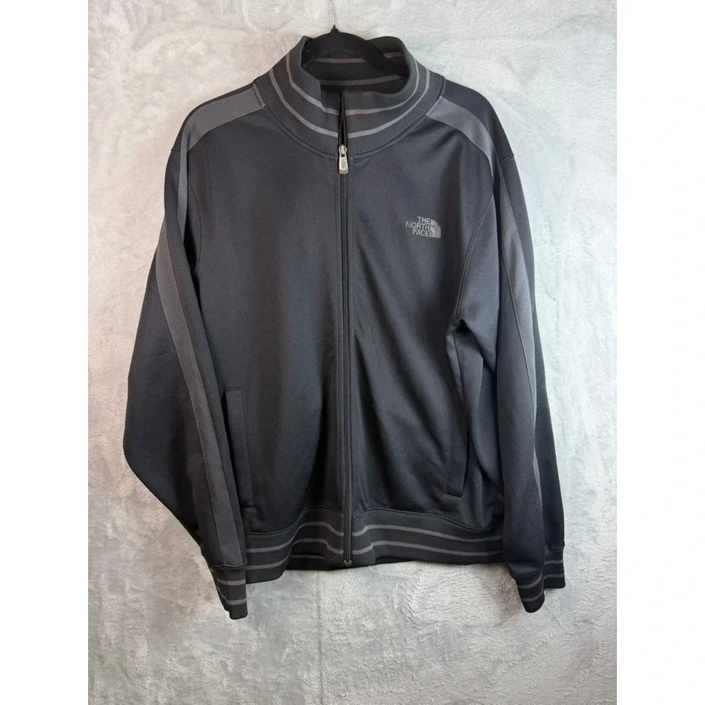 THE NORTH FACE Track Jacket Men L Black Gray Full Zip Logo Ribbed Collar Stripe